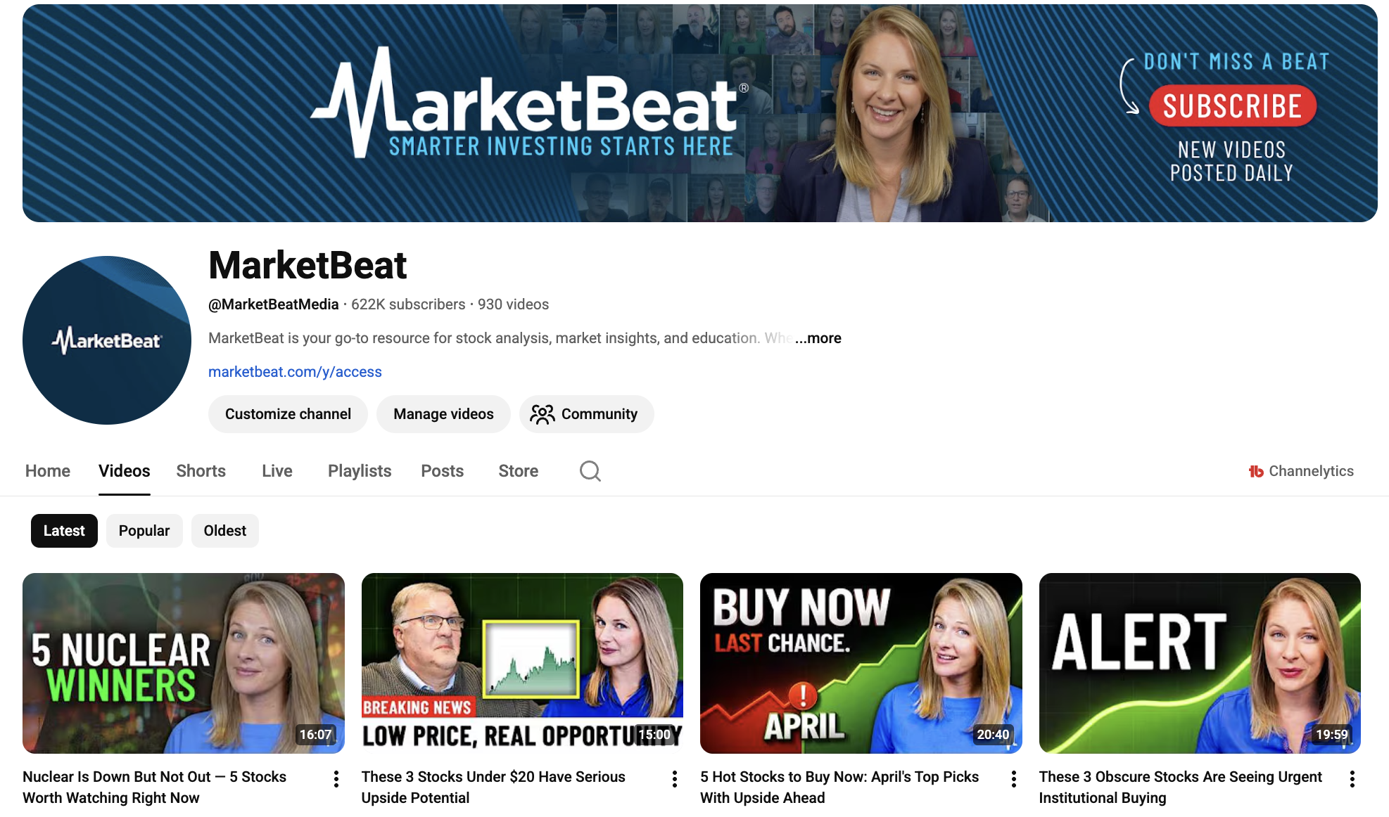 MarketBeat YouTube Channel Homepage